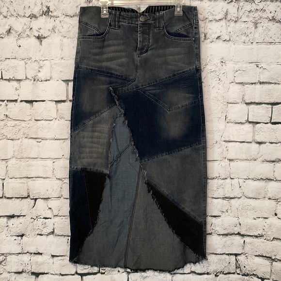 Free People Dresses & Skirts - Free People boho panel patchwork distressed Jean slit skirt